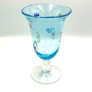 Millefiori Goblet. Bubble Glass Blue 12 oz. Artsy Whimsical